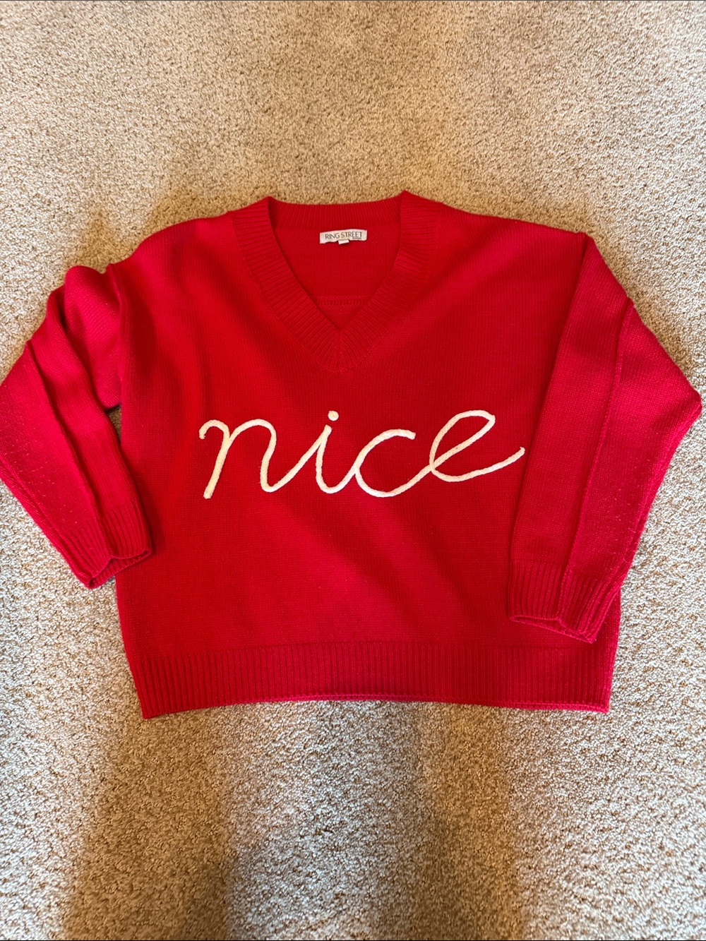 Red V-Neck Holiday Sweater with 'Nice' Script